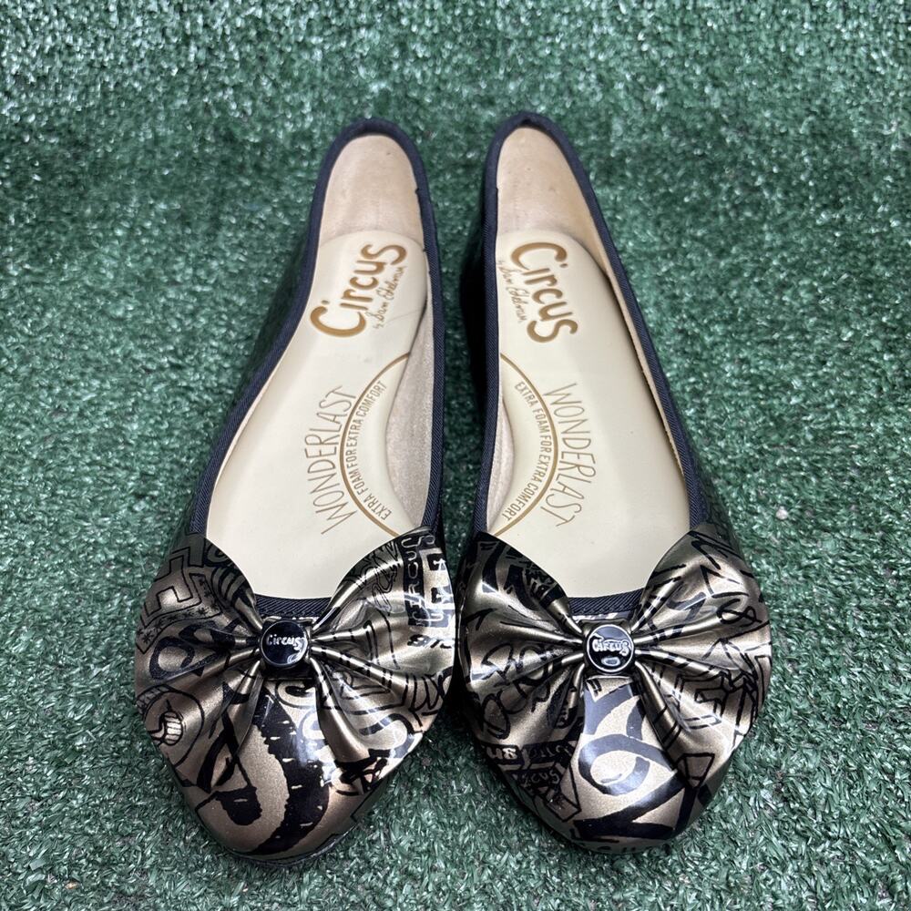 NEW Sam Edelman Circus LOGO Gold Black Ciera Slip On Ballet Flats Bow Size 7